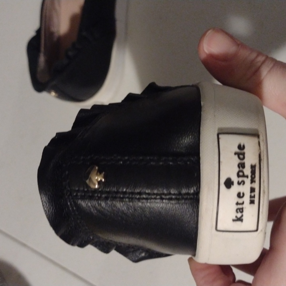 Kate Spade Black Leather Loafers with Ruffle Trim - Picture 3 of 7